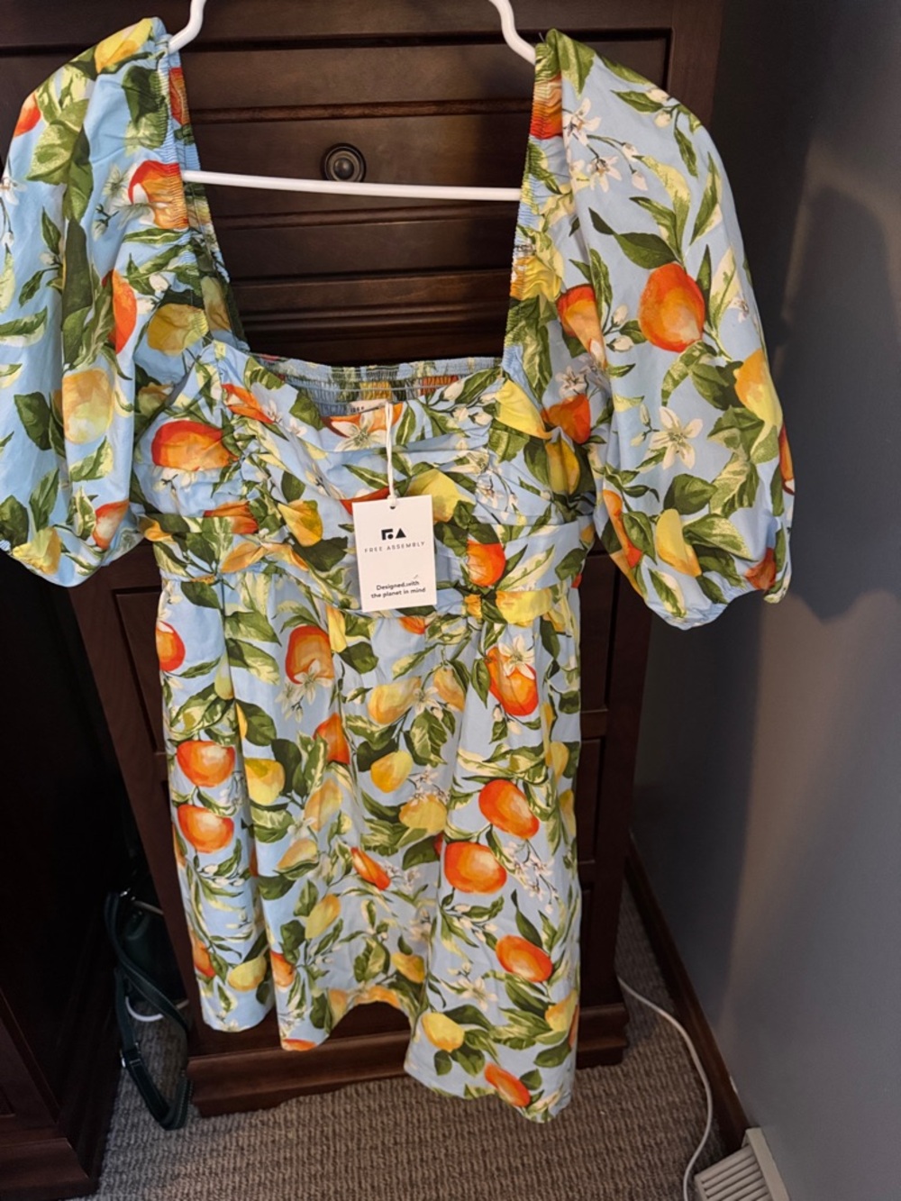 Light Blue Orange Print Puff Sleeve Sundress